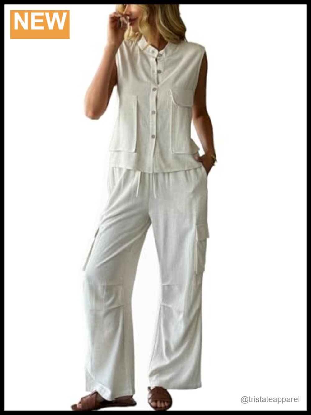 Women's 2 Piece Linen Blend Outfit Sleeveless Vest Top with Wide Leg Cargo Pants